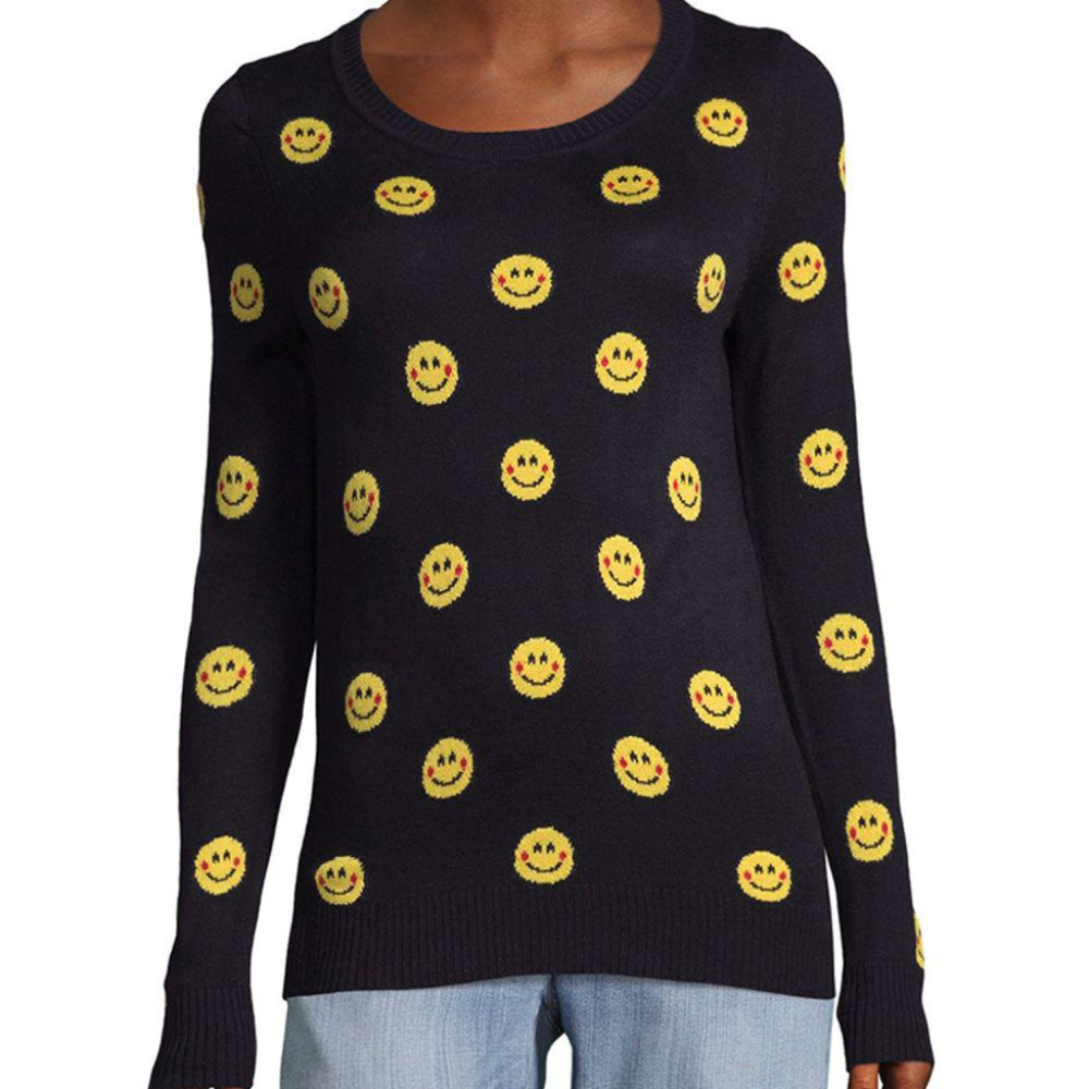 Saks Fifth Avenue Emoticon Print Navy Sweater - Picture 1 of 5